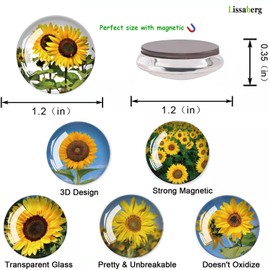 Lissaberg 12 PCS Cute Sunflower Magnets for Fridge, Strong Magnetic Decoration Round Circle Glass Magnet for Home, School, Locker Magnet for Gift, Office Whiteboard, Picture, Map, Sunflower 12