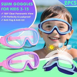 LYBHDAFA 2 Pack Kids Swim Goggles for 3-15 - HD Children's Large Frame Anti-Fog Pool Swimming Goggles for Boys Girls Toddler (Pink Blue & Pink Purple)