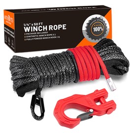 AUTOBOTS Synthetic Winch Rope 1/4" X 50 Ft，Max 9500lbs Winch Rope with Heavy Duty 3/8 Winch Hook，Winch Rope Cable Line with Protective Sleeve for Off Road Vehicle ATV UTV RED