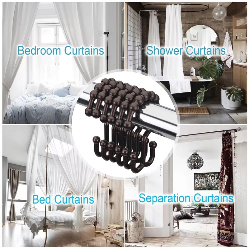 Resze 12 PCS Black Plastic Double Shower Curtain Hooks, Multi-Functional