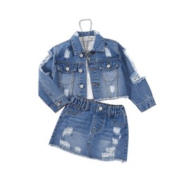 WDIRARA Girl's 2 Piece Outfit Ripped Button Front Long Sleeve Denim Jackets and Mini Skirts Set Blue 7Y