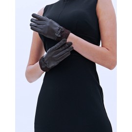 YISEVEN Women's Sheepskin Winter Driving Genuine Leather Gloves Lace Bow Cuff Touchscreen Texting Classic Italian Elegant Dress for Cold Weather Work Gifts, Brown 6.5"/Small