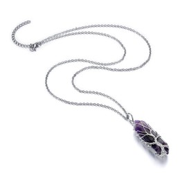 CrystalTears Amethyst Healing Crystal Stone Necklace Tree Of Life Wire Wrapped Natural Hexagonal Crystal Points Pendant Necklace for Women Gifts for Christmas