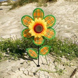 In the Breeze 2659 12 Inch Plaid Sunflower Wind Spinner with Leaves-Colorful Flower for Your Yard and Garden