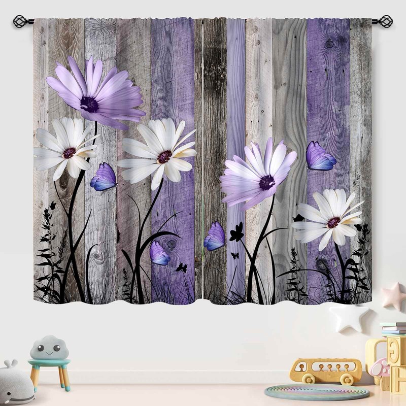 Farmhouse Daisy Kitchen Curtains,Retro Rustic Plank Background Purple Flower Butterfly