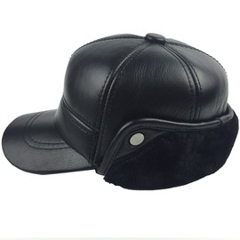 Sandy Ting Winter Leather Baseball Cap Earflap Fitted Hats Men Soft Hunting Hat, Black, Medium