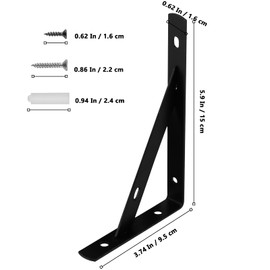 MUKLEI 8 PCS 150mm Black Shelf Brackets, Wall Mount Shelf Brackets, Triangle Shelf Support Bracket 90 Degree Floating Corner Brace with Screws Anchors, for Bookshelf, Cupboard, Black