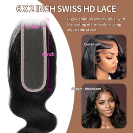 2X6 REAL HD Lace Closure Body Wave Human Hair 0.095mm Ultra-thin Invisible SKINLIKE HD Front Lace Closure Human Hair Pre Plucked Hairline Closure 12inch (1 Piece，Natural Black)