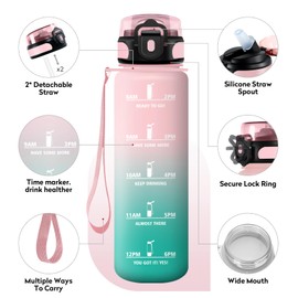 KollyKolla Trinkflasche 1 Liter, Große Trinkflasche Sport mit Strohhalm, Wasserflasche Auslaufsicher, Trinkflasche Kohlensäure Geeignet, Trinkflasche mit Zeitmarkierungen, flasche für Erwachsener