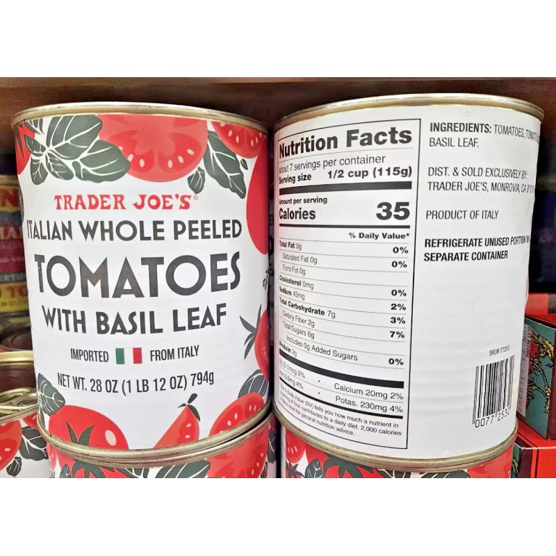 Trader Joe's Italian Whole Peeled Tomatoes with Basil Leaf 28oz