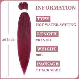 3 Pieces Pre-Stretched Yaki Synthetic Fibre Braiding Hair Perm 26 Inch Low Temperature Hot Water Setting Itching Free Soft Crochet Hair Extensions Dark Red