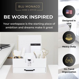 White Wood Office Desk Organizers and Accessories - Home Office Organization Office Desk Accessories for Women - Office Desk Organizer - Small Desk Organizer - Desk Top Organizer with Drawer