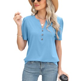 Womens Tops Fashion 2025 Puff Short Sleeve V Neck Shirts Trendy Casual Clothing Light Blue