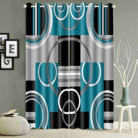 EOTDMS Teal Gray Geometric Blackout Curtains for Bedroom, White Gray Modern Abstract Plaid Circle Room Darkening Curtain Thermal Insulated Window Drapes for Living Room, 2 Panels, 42x84 inches Length