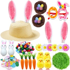 Chennyfun Easter Decorations Easter Bonnet Kit - DIY Easter Bundle Kit Make Your Own Easter Bonnet Hat with Hat, Rabbit Ear, Carrots, Glasses, Chicks for Children's Easter Craft Supplies Decorations