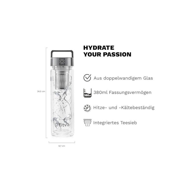 fitvia Thermal Flask "Silver Marble" 380 ml Double Glazing, Integrated