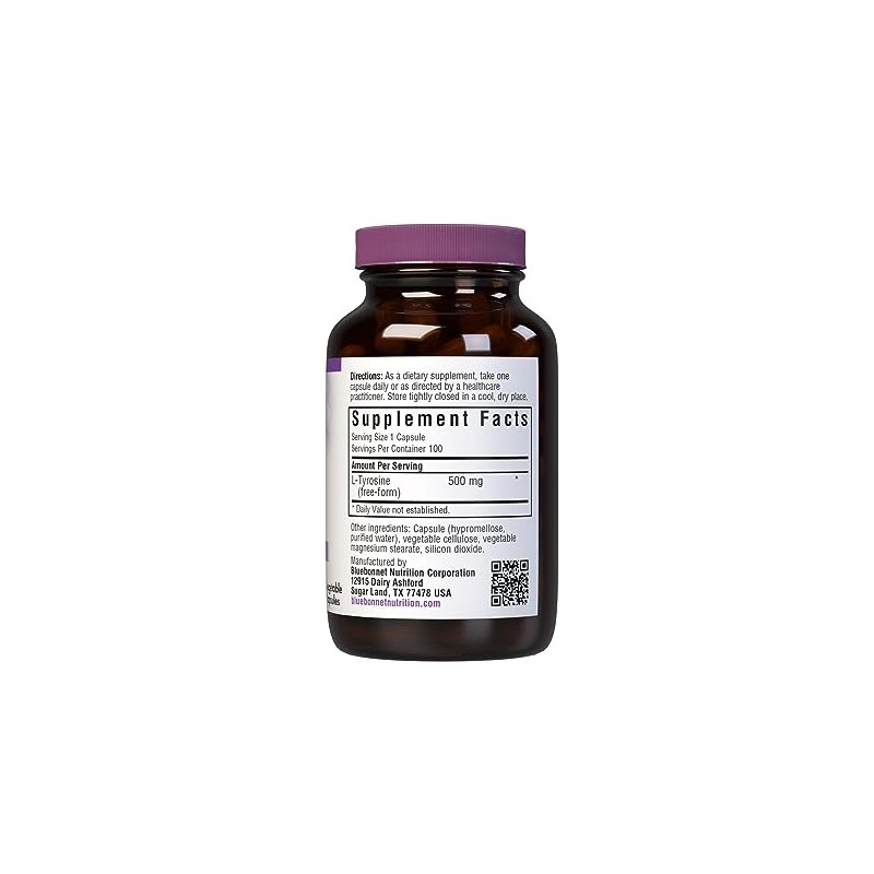 Bluebonnet L-Tyrosine 500 mg Vitamin Capsules, 100 Count