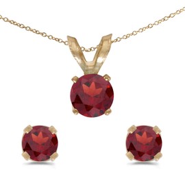 14k Yellow Gold Round Garnet Earring and Pendant Set