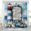 Lighthouse Bible Verse Shower Curtain Beach Coastal Seashell Starfish Blue