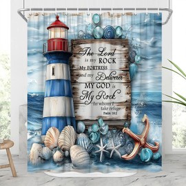 Lighthouse Bible Verse Shower Curtain Beach Coastal Seashell Starfish Blue Ocean Nautical Inspirational Quotes Polyester Curtains Bathroom Decor with Hooks 70" Wx70 H