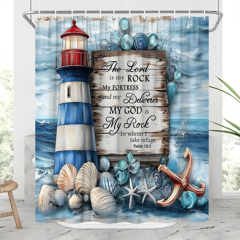 Lighthouse Bible Verse Shower Curtain Beach Coastal Seashell Starfish Blue