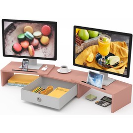 WESTREE Dual 3 Shelf Computer Riser with Drawer, Adjustable Length and Angle, Desktop 2 Monitor Stand Storage Organizer