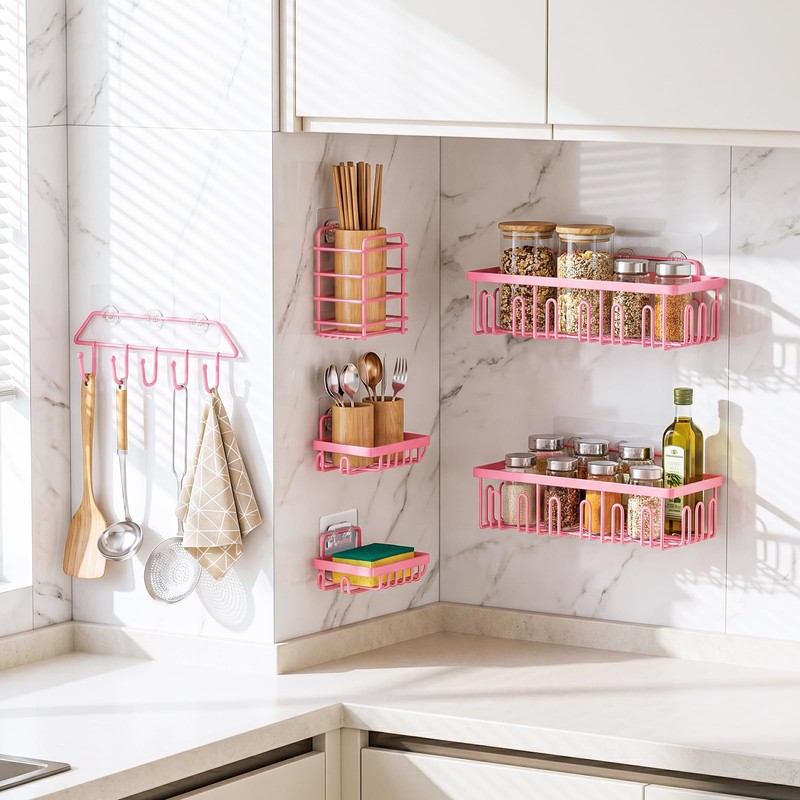 Dimyno Pink Shower Caddy 6 Pack, Adhesive Shower Shelves, No