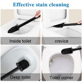 Juego de escobilla de inodoro y soporte para baño, limpieza eficiente y flexible, montado en la pared, con cabezal de cepillo para polvo de mango largo y cerdas de silicona, sin asas oxidadas, cepillo para polvo de inodoro (negro)