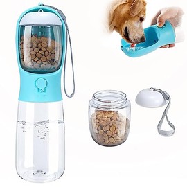 LURI Botella de Agua y Comida para Perro Dos en Uno, Dispensador Portátil Con Cuerda, Bebedero Grande para Caminatas (Azul)