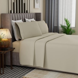 SUPREME ELEGANCE Hotel Percale Cotton Rich Sheets, Tan Full Size Bed Sheet, Wrinkle-Resistant, Brushed for Extra Softness, Luxury Bed Sheets Full, Elasticized Deep Pocket Bedding Set