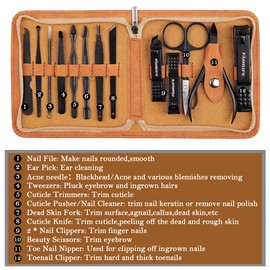 FAMILIFE Manicure Set, Professional Manicure Kit Nail Clippers Set 13pcs Stainless Steel Pedicure Tools Kit Grooming Kit with Portable Brown Leather Travel Case for Women Girl Men