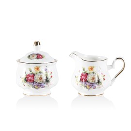 Sweejar Home Royal Ceramic Sugar and Creamer Set, 3 Piece Set with Cream Pitcher, Sugar Bowl, Sugar Set with Lid & Spoon, Coffee Serving Set Wedding Gift (Flower Style)