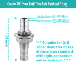3/8" Hose Barb Thru-Bulk Bulkhead Fitting,304 Stainless Steel Straight Hex Union Fitting for Water Fuel Air，lead-free (Pack of 2)