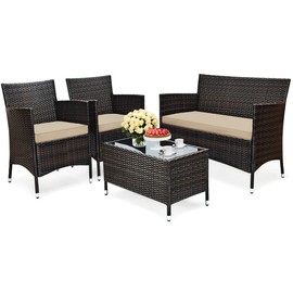 HAPPYGRILL 4-Piece Patio Furniture Set Outdoor Rattan Wicker Conversation Set with Cushioned Sofa and Coffee Table for Porch Backyard Garden Poolside