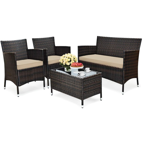 HAPPYGRILL 4-Piece Patio Furniture Set Outdoor Rattan Wicker Conversation Set