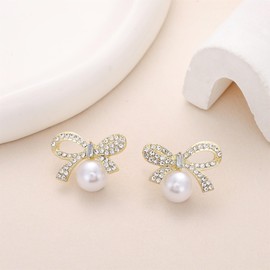 Pwuior Bow Pearl Earrings for Women Rhinestone Crystal Statement Drop Dangle Bowknot Ribbon Earrings Wedding Prom Party Valentines Day Gifts