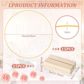 15 Pcs Metal Floral Centerpiece Table Decorations Hoop Centerpiece with Stand Gold Table Centerpieces 15 Wooden Holders 30 Artificial Flowers 30 Leaves for Wedding DIY Craft Decor (Pink, 14 Inch)