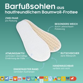 biped 2 Pairs of Children's Barefoot Soles, Terry Cloth Insoles Made of 100% Cotton and Soft Latex Cushioning, Shoe Insoles Against Foot Odour and Bacteria, z2789, White