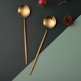 Zerophilo Salad Servers,Spoon and Fork Set 11.41 inch,18/10 Stainless Steel Salad Serving Titanium Plating (Gold)