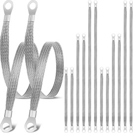 Kingdder 12 Pcs Ground Straps, 10/15/20 Inch Engine Universal Automotive Grounding Cable Straps Kit with Ring Terminals Flat Braided Copper Tinned Copper Ground Wire for Most Cars(Silver)