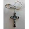 Catholic St Benedict Black Enamel Crucifix Medal Keychain Silver Tone