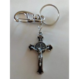 Catholic St Benedict Black Enamel Crucifix Medal Keychain Silver Tone Key Chain