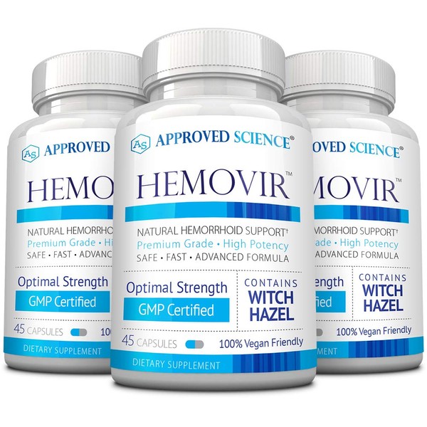Approved Science Hemovir - Hemorrhoid Support Supplement - 3 Bottles - Stops Itching and Optimizes Blood Flow, Restores Damaged Skin Tissue - Vegan, Non GMO, Made in The USA