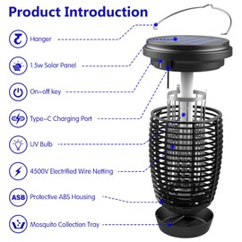 PALONE Bug Zapper Soalr for Outdoor, 4500V Mosquito Killer Lamp with Ground Pole Type-C Rechargeable Insect Zapper for Patio, Porch, Camping