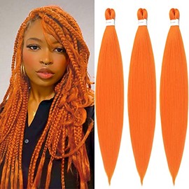 Orange Braiding Hair 32 Inch Pre stretched Braiding Hair Yaki Braids Hair Hot Water Setting Synthetic Hair Colored Hair(32Inch 3 Packs,Orange#)