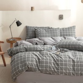 NSNLGSGC Twin Duvet Cover Set Grid Gray Kids - Washed Microfiber Plaid Comforter Cover Soft Comfortable & Lightweight Quilt Cover Set for Boys(2PCS, Twin)