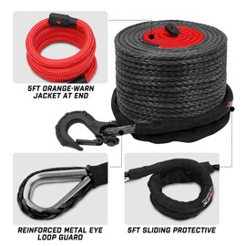 XPV 3/8" x 100ft Synthetic Winch Rope 23,800lbs Dyneema Winch Line Cable Rope with Hook Black for Truck 4WD Off Road Vehicle Winch Accessory