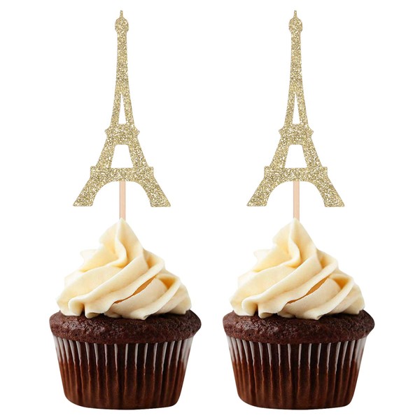Juego de 24 adornos para cupcakes con forma de torre Eiffel en forma de palillos de fiesta de boda, decoración de despedida de soltera, color dorado