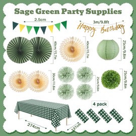 LiveGo 16Pcs Picnic Party Decorations Set, Party Supplies Include Pennant Banner, Hanging Paper Fans, Round Lanterns, Plastic Disposable Tablecloth for BBQ Picnic Wedding Birthday (Sage Green&Beige)
