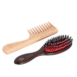 L'Artisan Brossier - Duo Pneumatic Wooden Hair Brush and Comb - Gift Box with Traditional Brush Medium 100% Natural Pure Boar Bristles